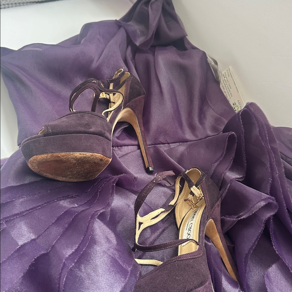 Vera Wang off the shoulder dress and Jimmy Choo Suede Platform  Heels sz 36.5